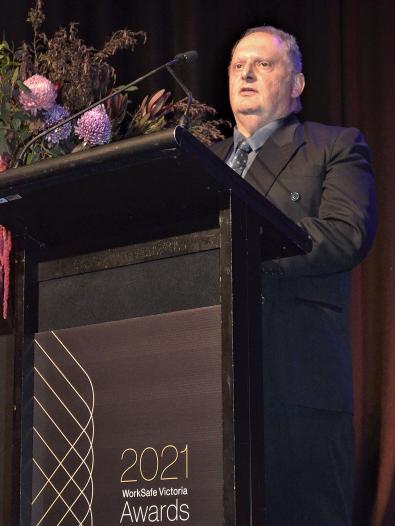 Melbourne Water employee George Vagias making his acceptance speech after his win at the WorkSafe Victoria 2021 Awards.