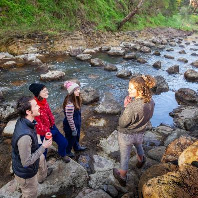 A group of people stand on stepping stones that form the fish ladder across Darebin Creek