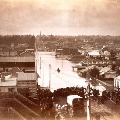 Yarra River - 1891 flood Sepia photograph of half-submerged houses in flooded river