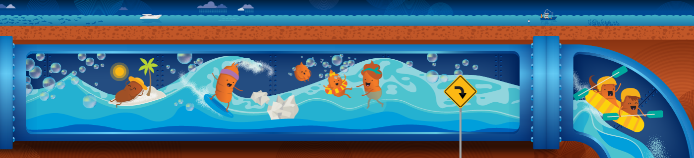 Illustration of cartoon poos floating down a sewer: relaxing on a fatberg, surfing, floating and rafting in the water.