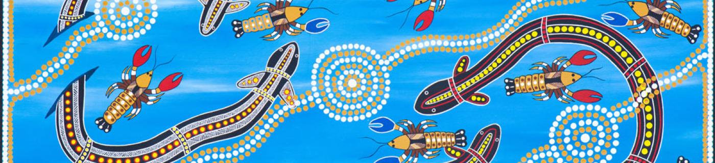 Returning to Country, 2018, Mark, Wathaurung People The eels have been out to sea on the breeding migration and after many long months have finally returned to Country where, they are being greeted by the crayfish who have been waiting for their return.