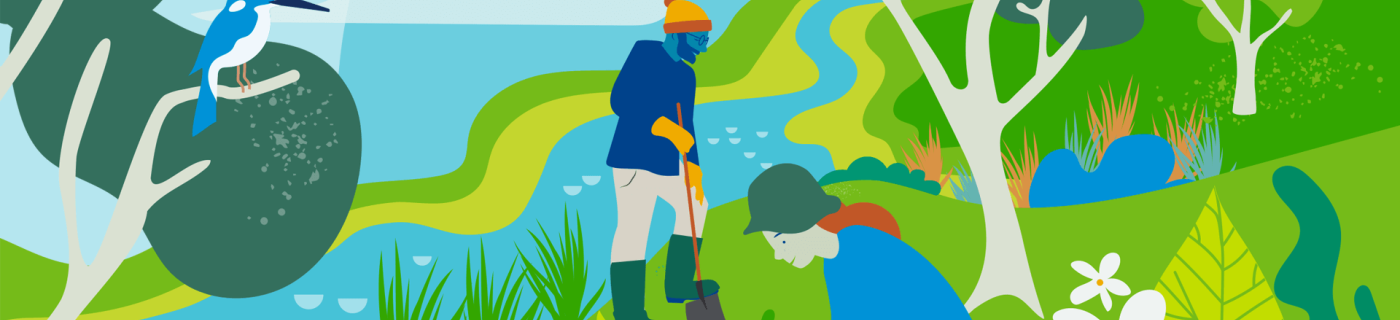 Illustration of a man and women planting next to a creek
