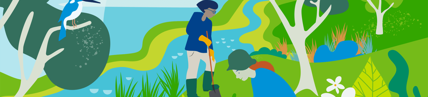 Illustration of two people planting by a creek