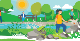 Illustration of people walking, cycling and exporting a creek