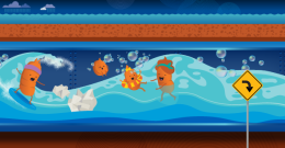 Illustration of cartoon poos floating down a sewer: relaxing on a fatberg, surfing, floating and rafting in the water.