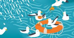Animation of seagulls in a lifebuoy ring on the water