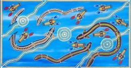 Returning to Country, 2018, Mark, Wathaurung People The eels have been out to sea on the breeding migration and after many long months have finally returned to Country where, they are being greeted by the crayfish who have been waiting for their return.