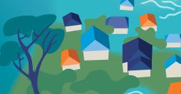 Animated community hub of homes in parkland by the water