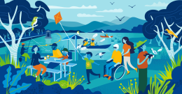 Illustration of community enjoying recreational activities beside a reservoir