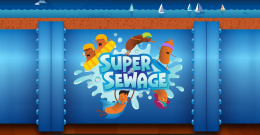 Cartoon poos gather around the words 'Super Sewage', with a pipe and ocean in the background