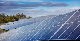 Rows of solar panels on a grassy hill at Winneke Water Treatment Plant, with a blue sky in the background