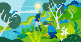 Illustration of a man and women planting next to a creek