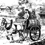 Black and white illustration of a horse-drawn cart carrying a water barrel