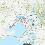 Map of Greater Melbourne showing catchment boundaries, major reservoirs and water and sewer mains.