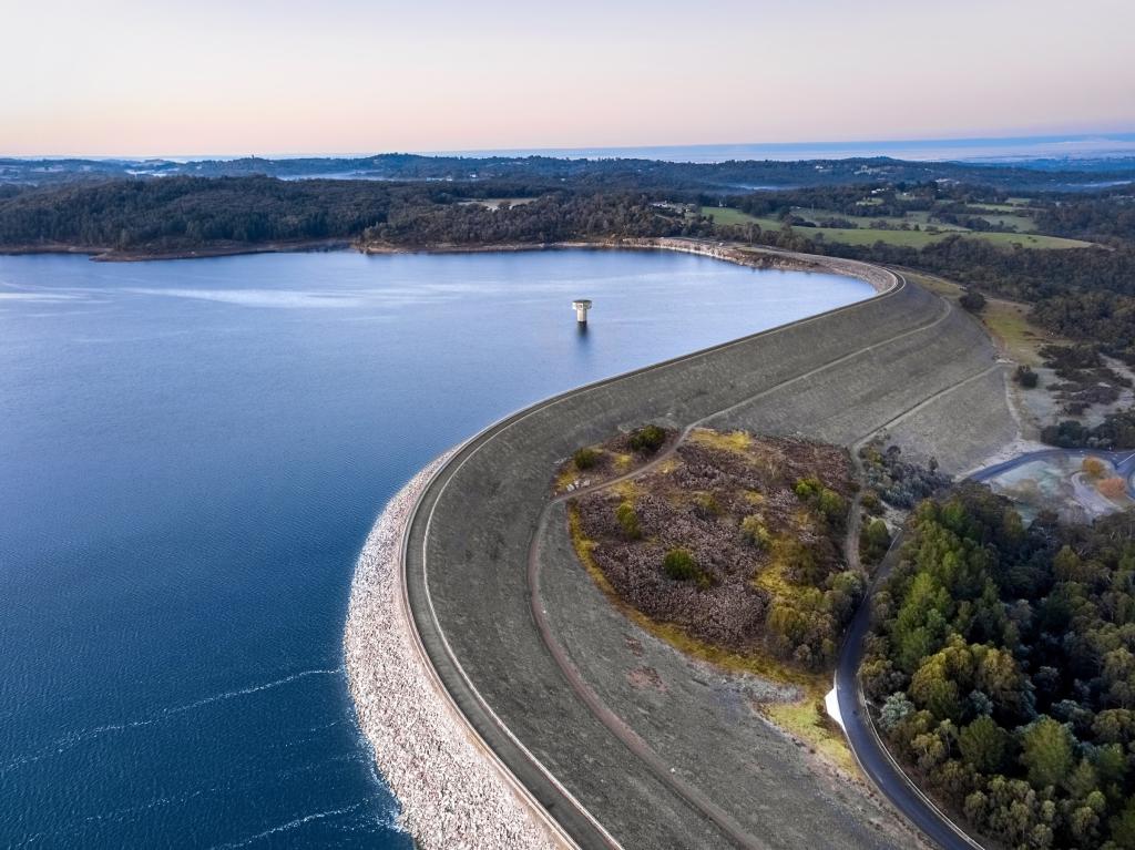 A birdseye of Cardinia Reservoir dam