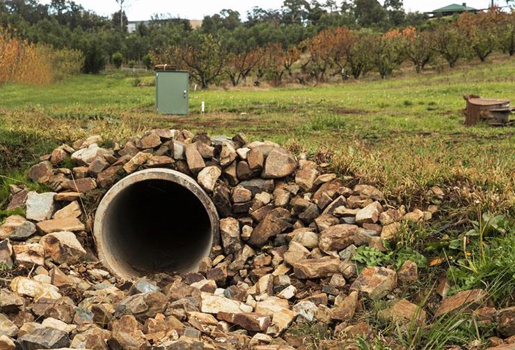 Cross-section of pipe running underneath orchard