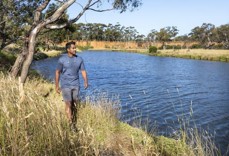 Person walking, K Road Cliffs, on lower Wirribi Yaluk