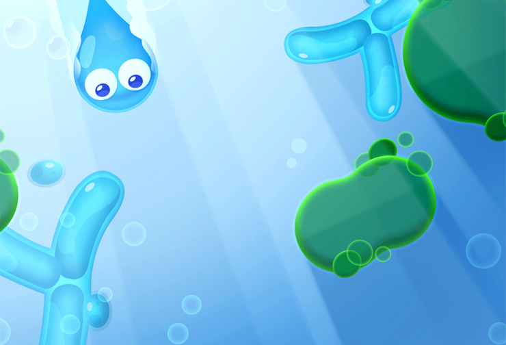 Raindrop character moving through bacteria