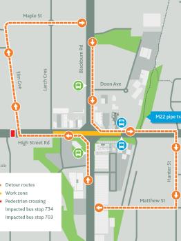 Detour map for Mount Waverley water main renewal project