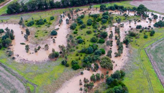 Flooded river winds through agricultural land