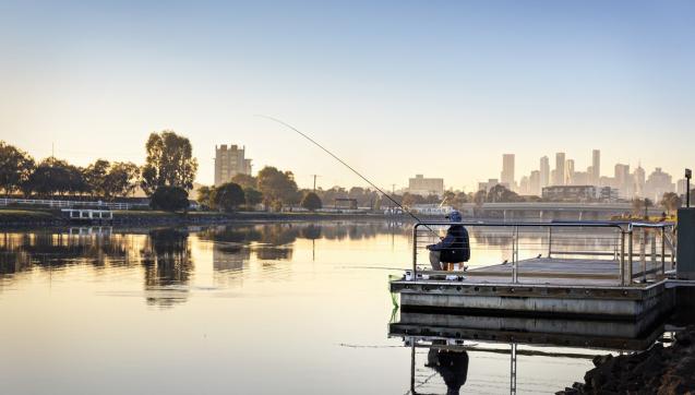 Fishing along the Maribyrnong River at Footscray Park
