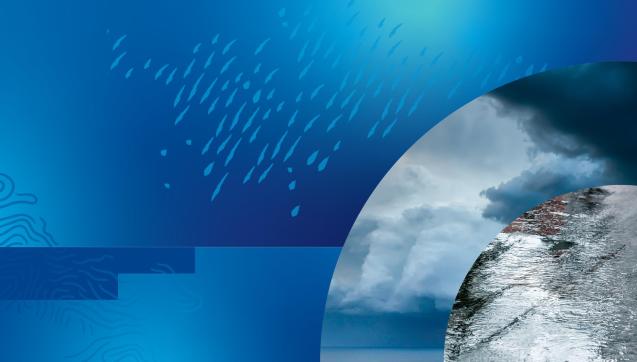 Graphic of clouds and stormwater on a blue background with water patterns