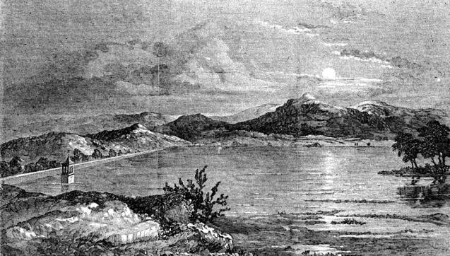 Black and white etching of Yan Yean Reservoir