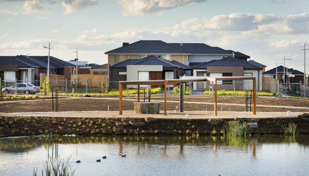 Constructed wetland with new housing development in the distance.