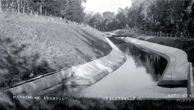 Black and white historic photo of Maroondah Aqueduct