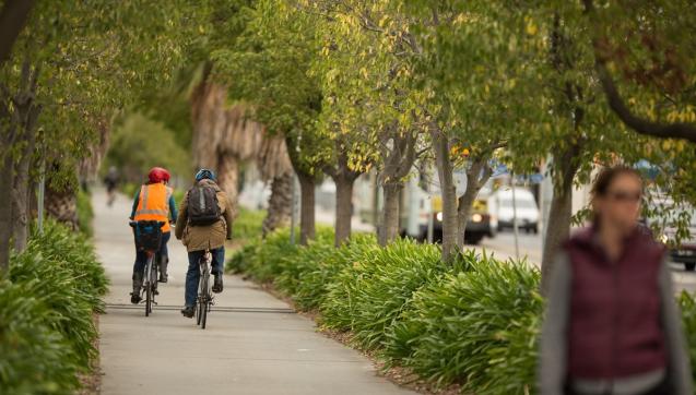 Two people ride bikes along a shared pathway on Melbourne Water land