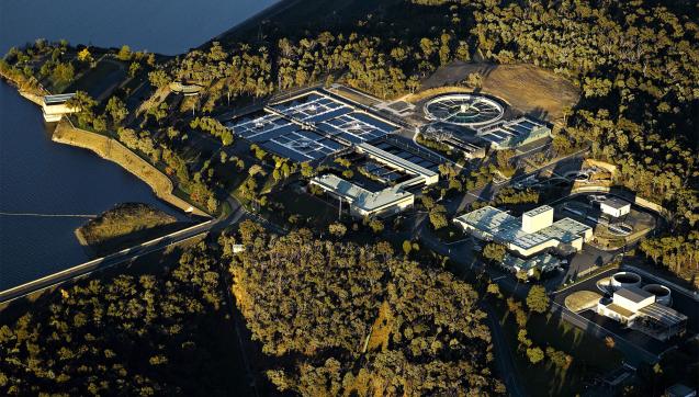 Aerial view of Winneke Water Treatment Plant, overlooking Sugarloaf Reservoir