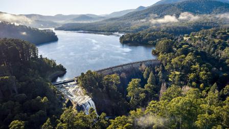 Aerial view of Maroondah Reservoir and spillway
