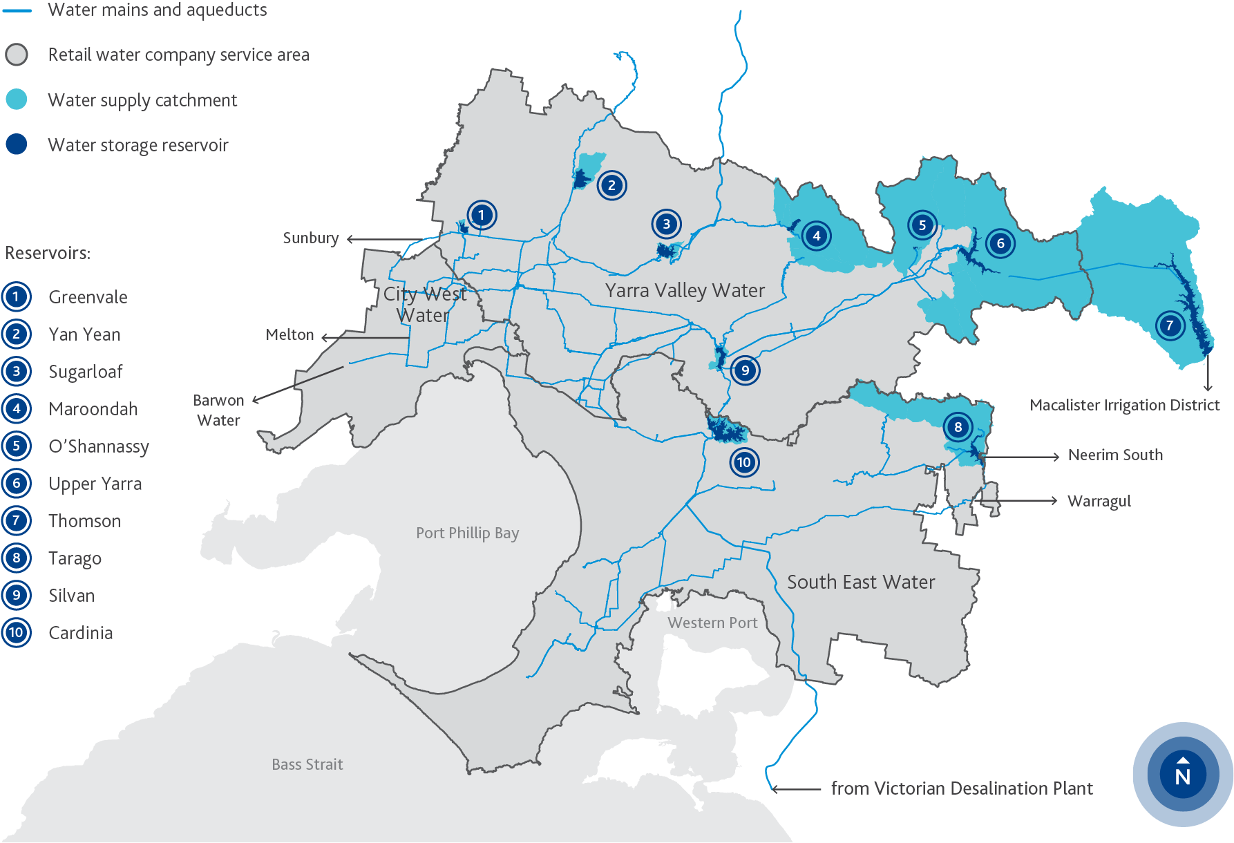 Map of Melbourne's major water reservoirs, mains and aqueducts.